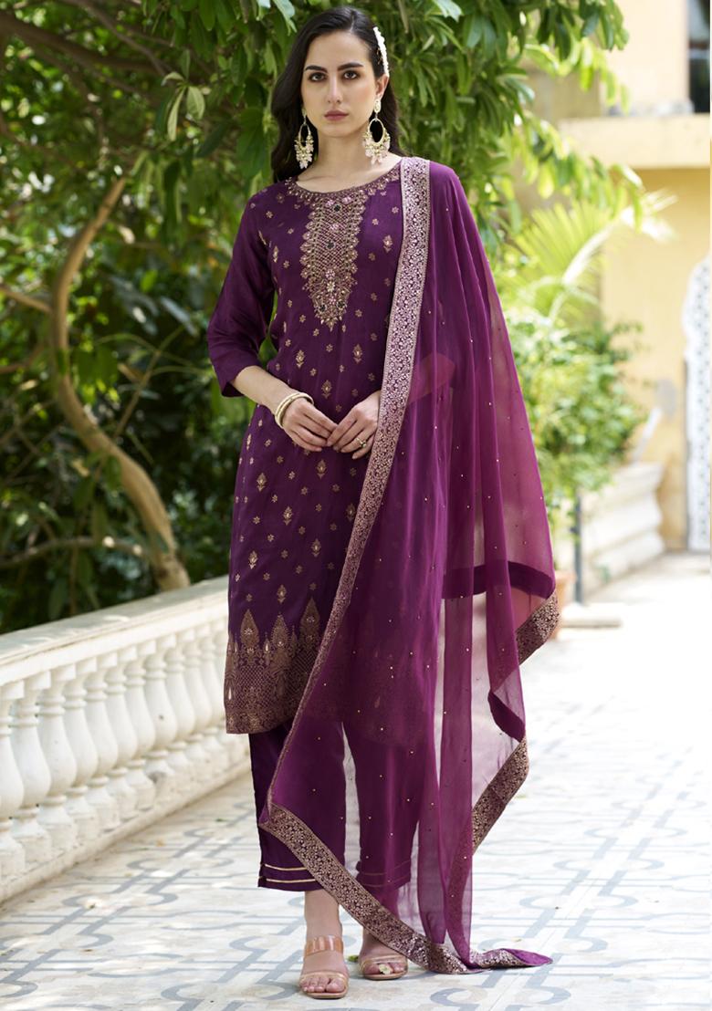Violet Embroidered Viscose Salwar Kameez