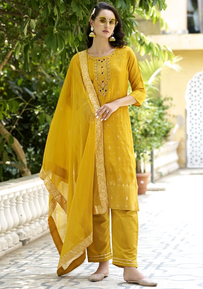 Yellow Embroidered Viscose Salwar Kameez