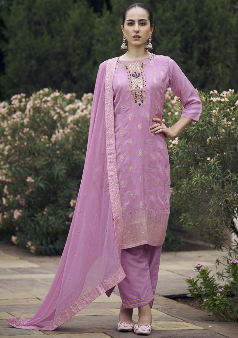 Onion Pink Embroidered Viscose Salwar Kameez