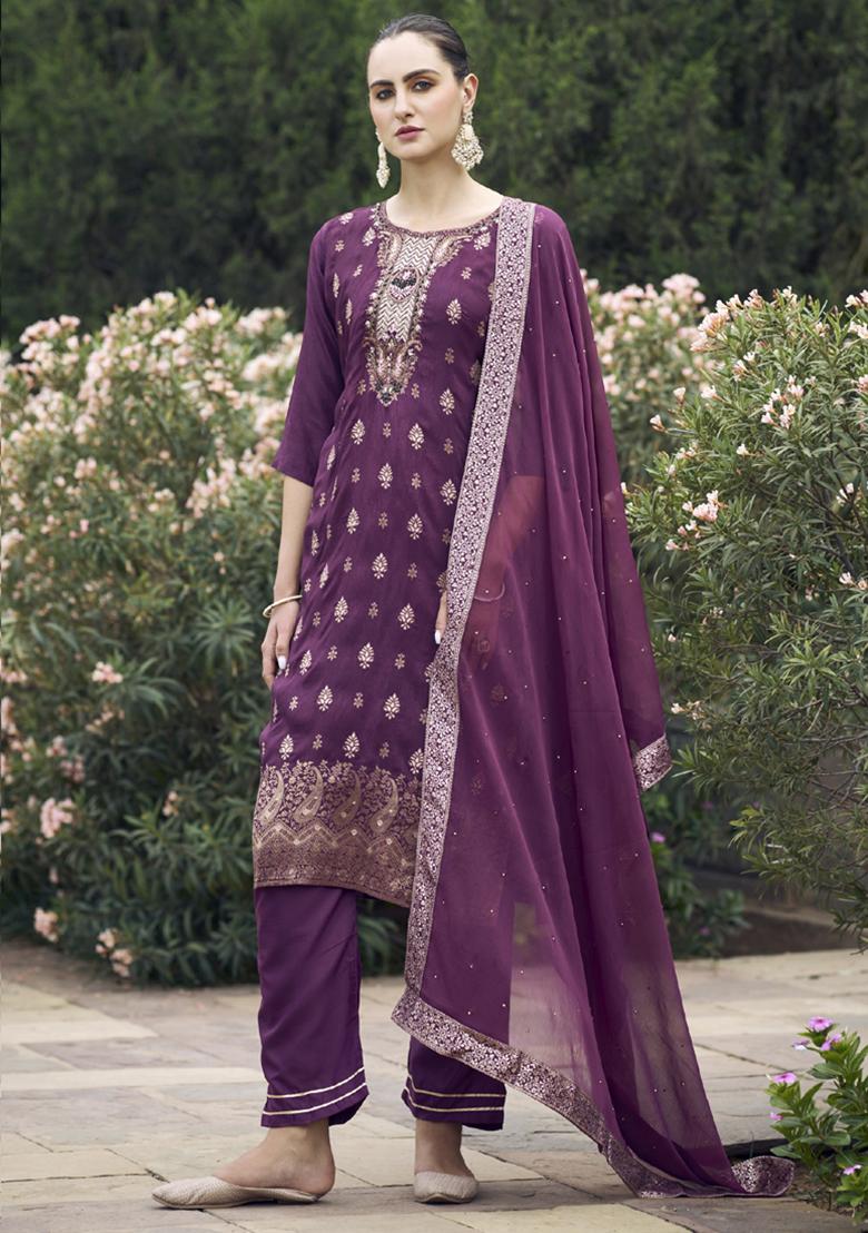 Wine Embroidered Viscose Salwar Kameez