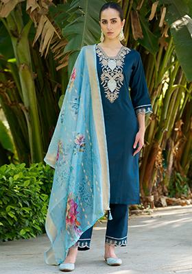 Royal Blue Embroidered Viscose Salwar Kameez