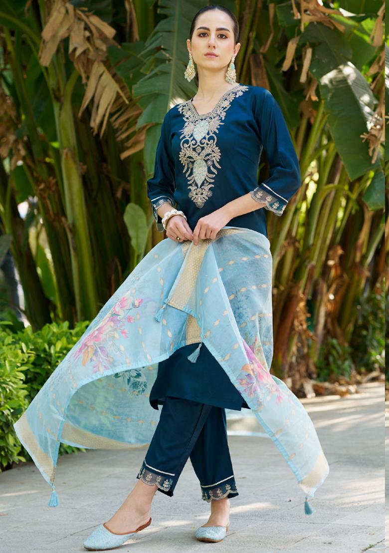Royal Blue Embroidered Viscose Salwar Kameez