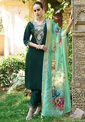 Green Embroidered Viscose Salwar Kameez