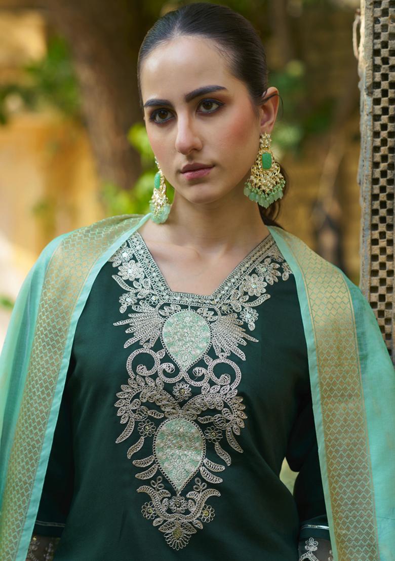Green Embroidered Viscose Salwar Kameez