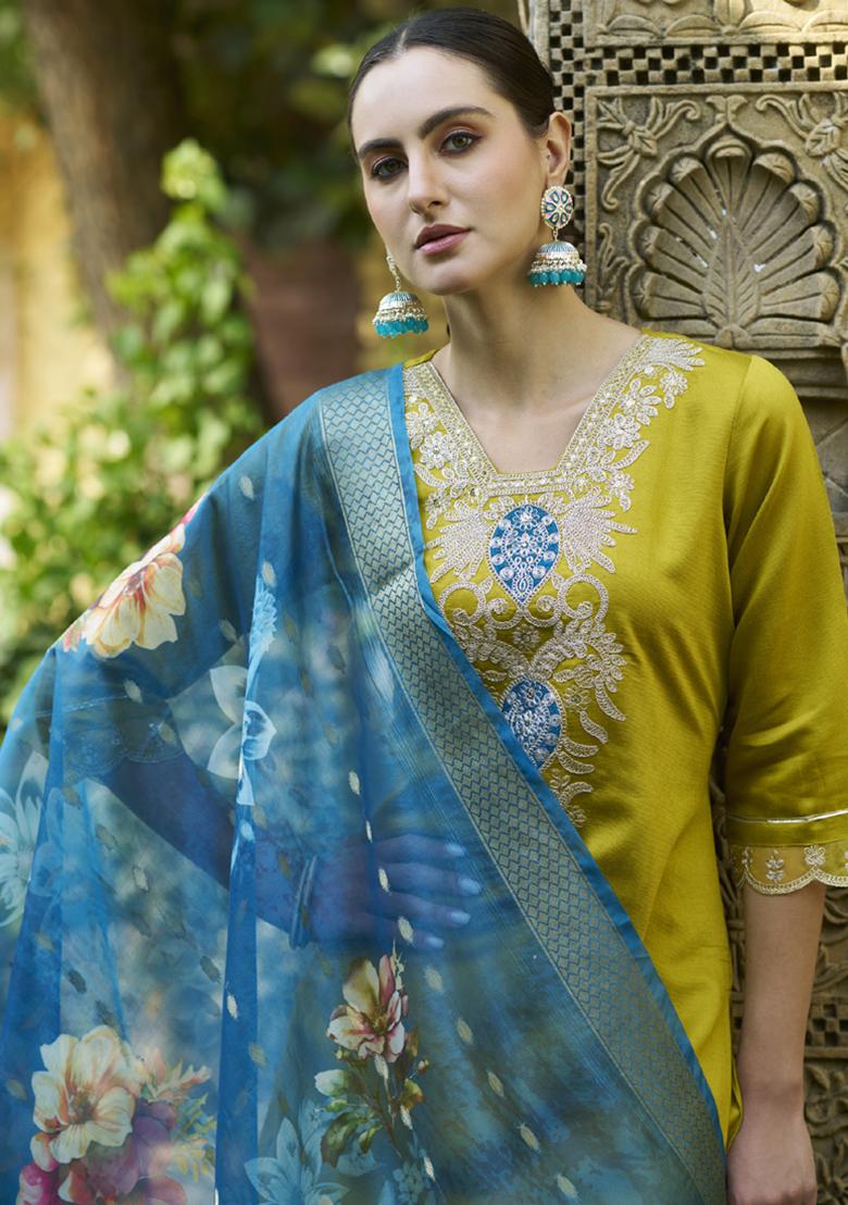 Dark Yellow Embroidered Viscose Salwar Kameez