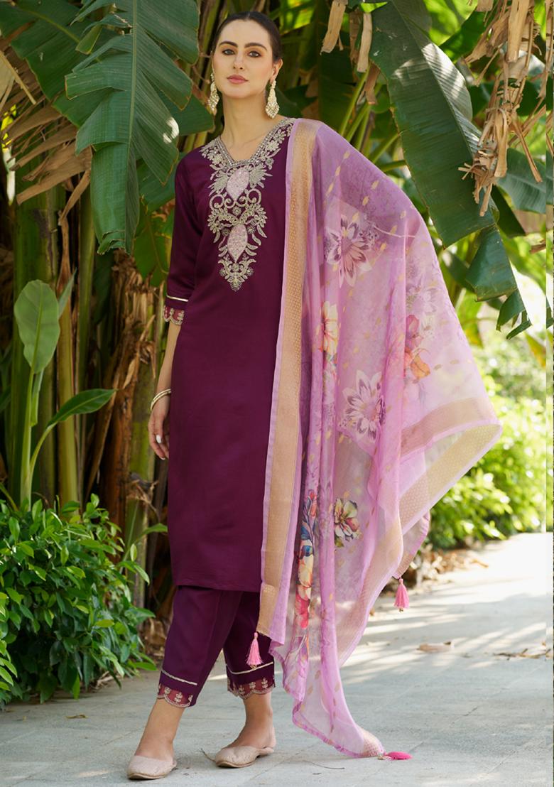 Wine Embroidered Viscose Salwar Kameez