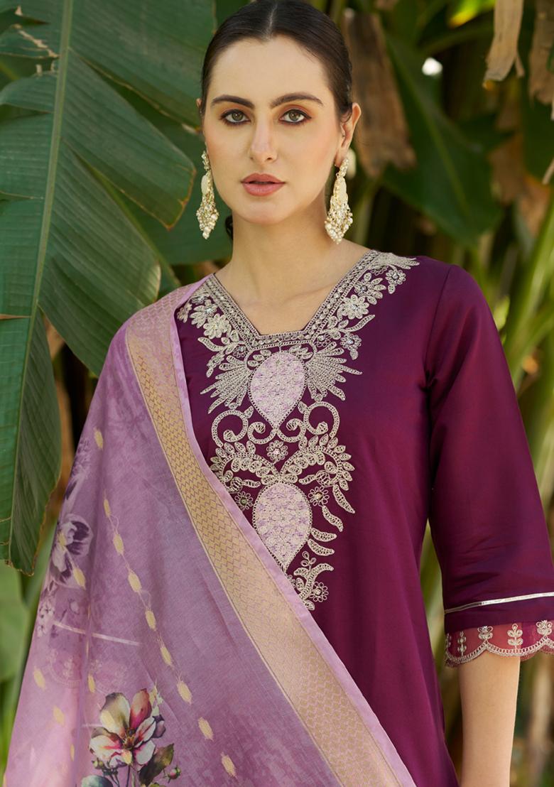 Wine Embroidered Viscose Salwar Kameez