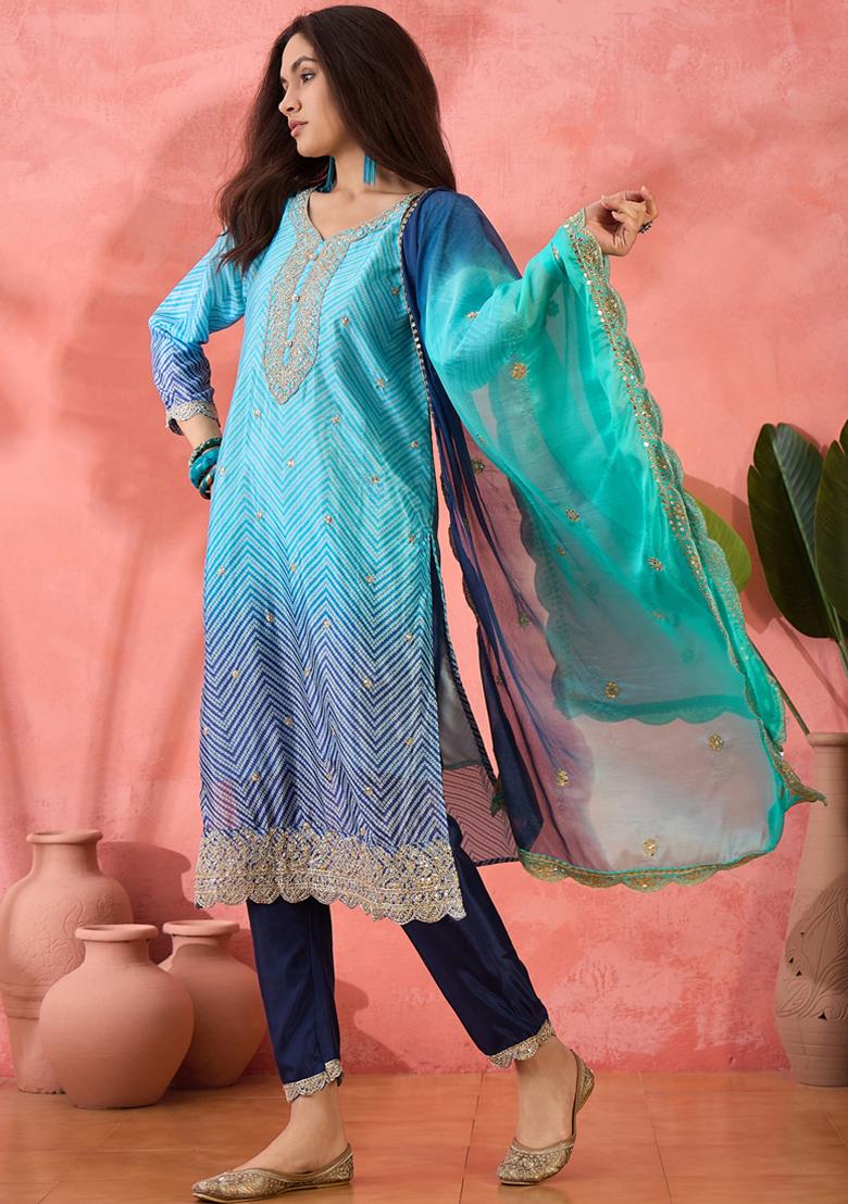 Sky Blue Embroidered Silk Salwar Kameez