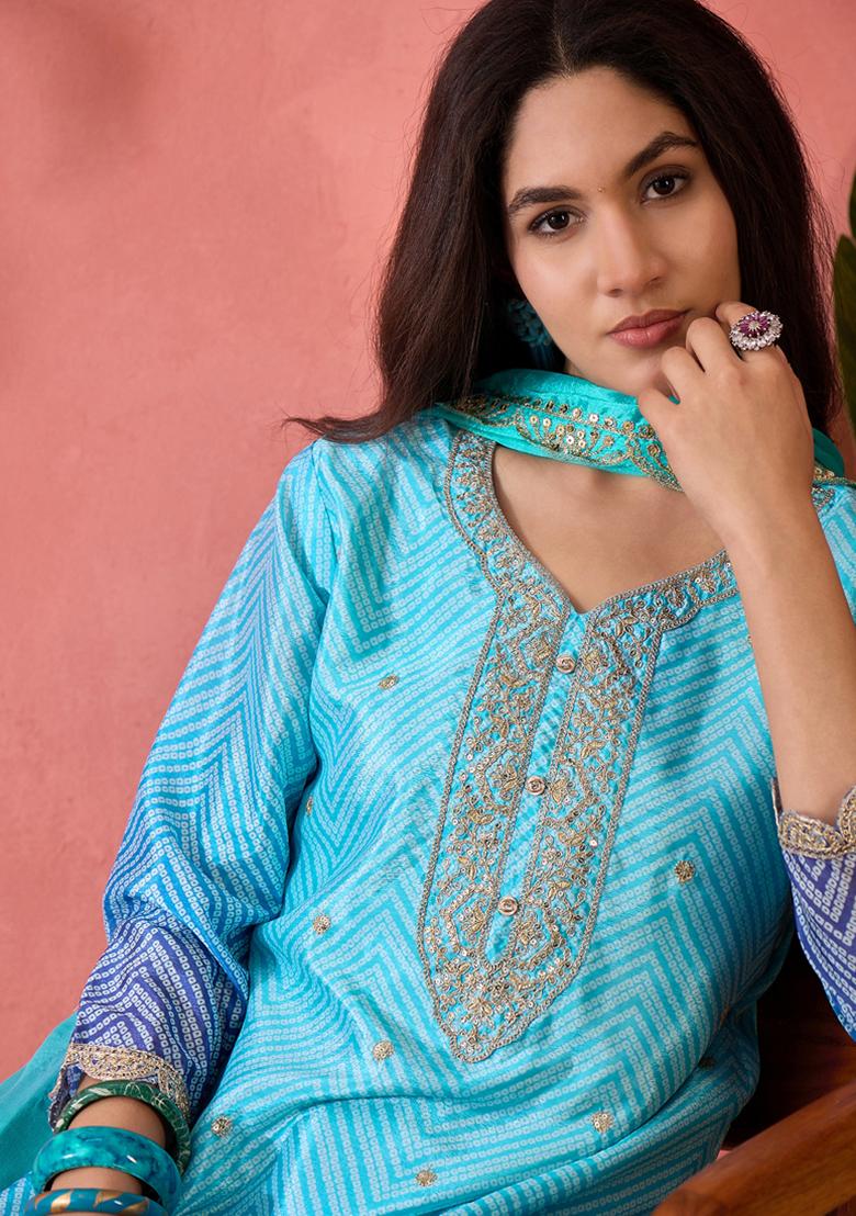 Sky Blue Embroidered Silk Salwar Kameez