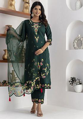 Green Embroidered Viscose Salwar Kameez
