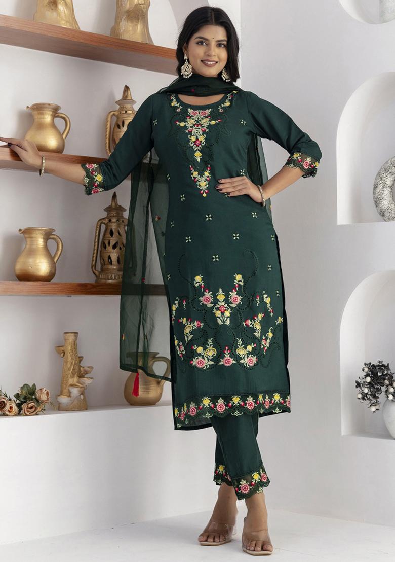 Green Embroidered Viscose Salwar Kameez
