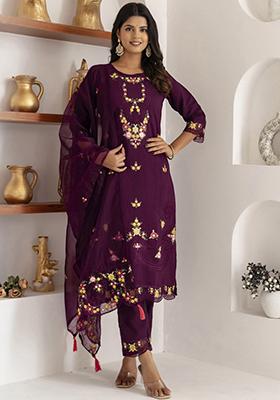 Wine Embroidered Viscose Salwar Kameez