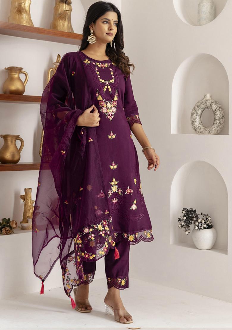 Wine Embroidered Viscose Salwar Kameez