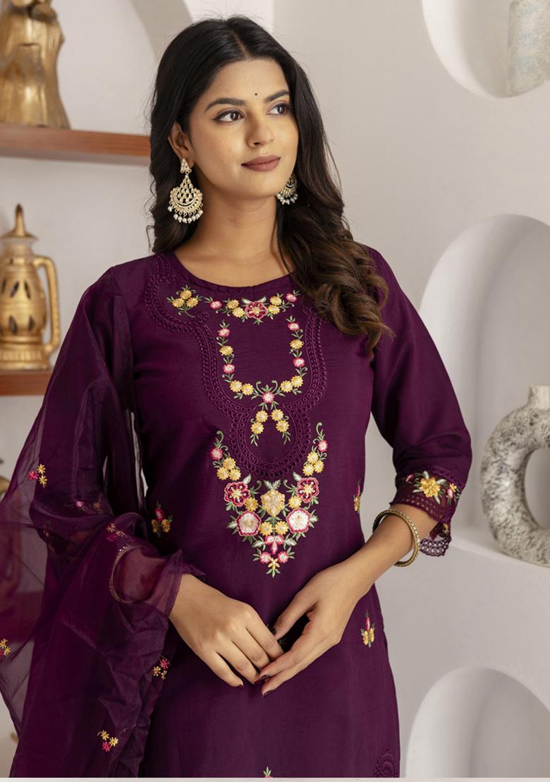 Wine Embroidered Viscose Salwar Kameez