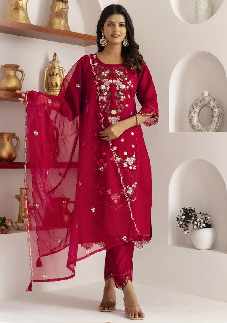 Maroon Embroidered Viscose Salwar Kameez
