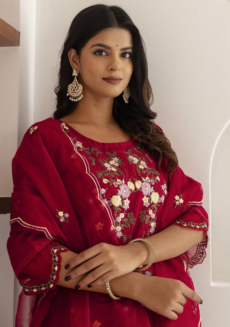 Maroon Embroidered Viscose Salwar Kameez