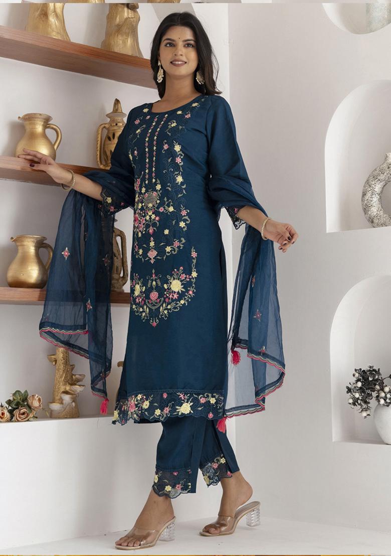 Blue Embroidered Viscose Salwar Kameez