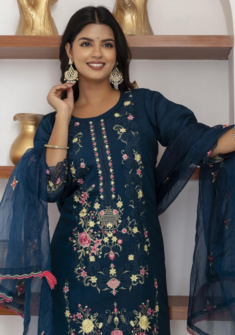 Blue Embroidered Viscose Salwar Kameez