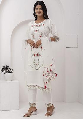 Off White Embroidered Viscose Salwar Kameez