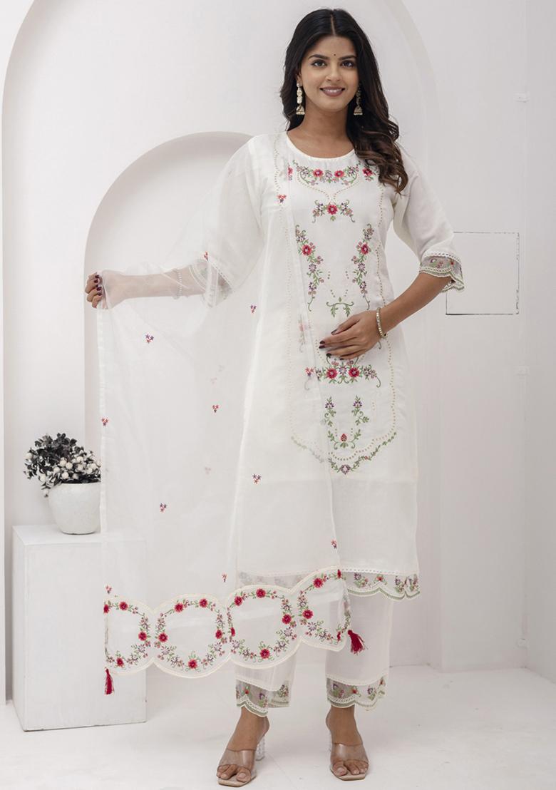 Off White Embroidered Viscose Salwar Kameez