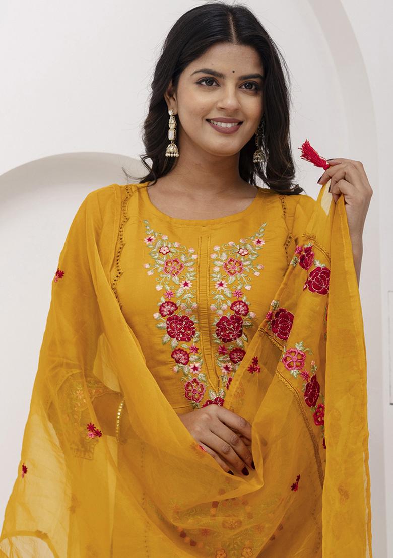 Yellow Embroidered Viscose Salwar Kameez