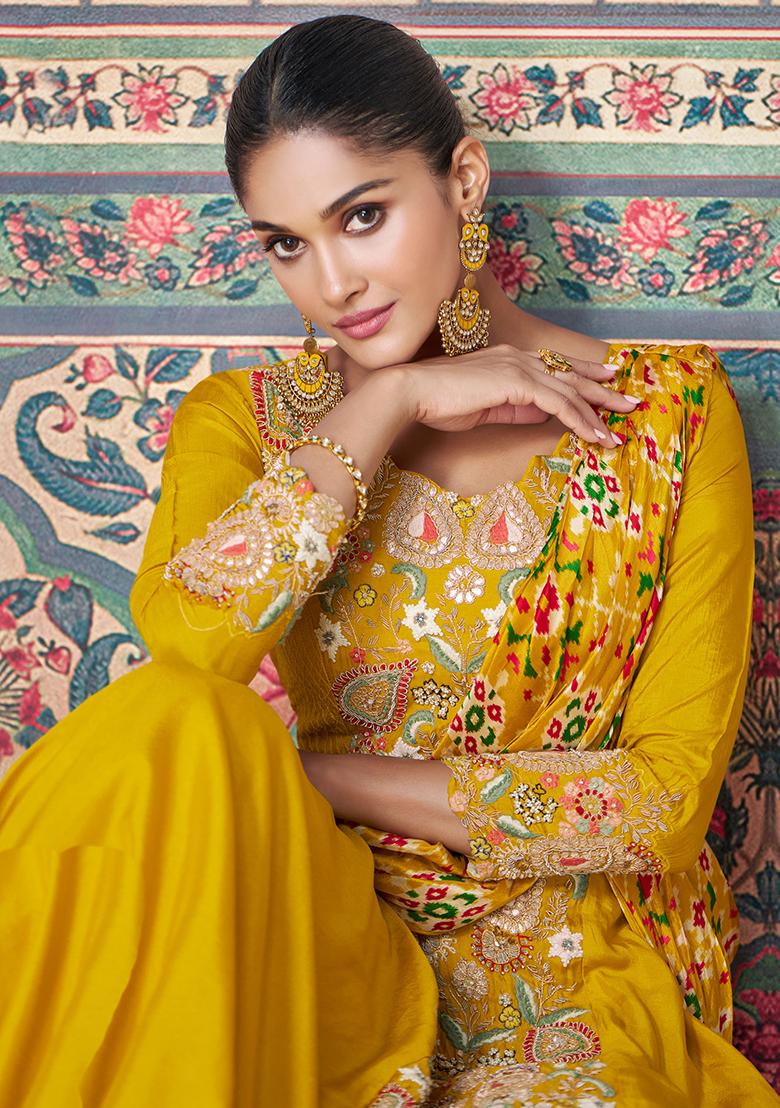Mustard Yellow Embroidered Silk Salwar Kameez