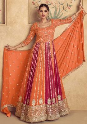 Orange And Pink Embroidered Georgette Salwar Kameez