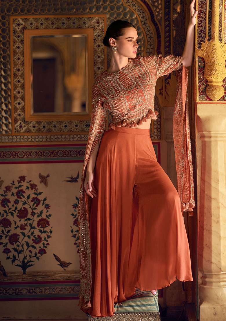 Orange Embroidered Chinon Sharara Set - Indya