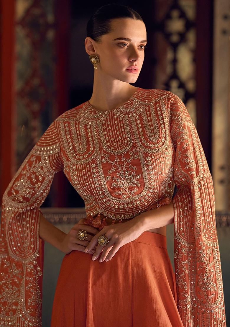 Orange Embroidered Chinon Salwar Kameez