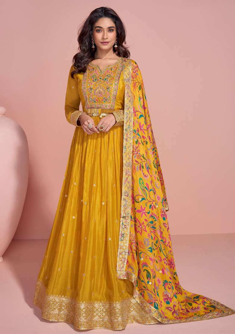 Mustard Yellow Embroidered Chinon Salwar Kameez - Indya