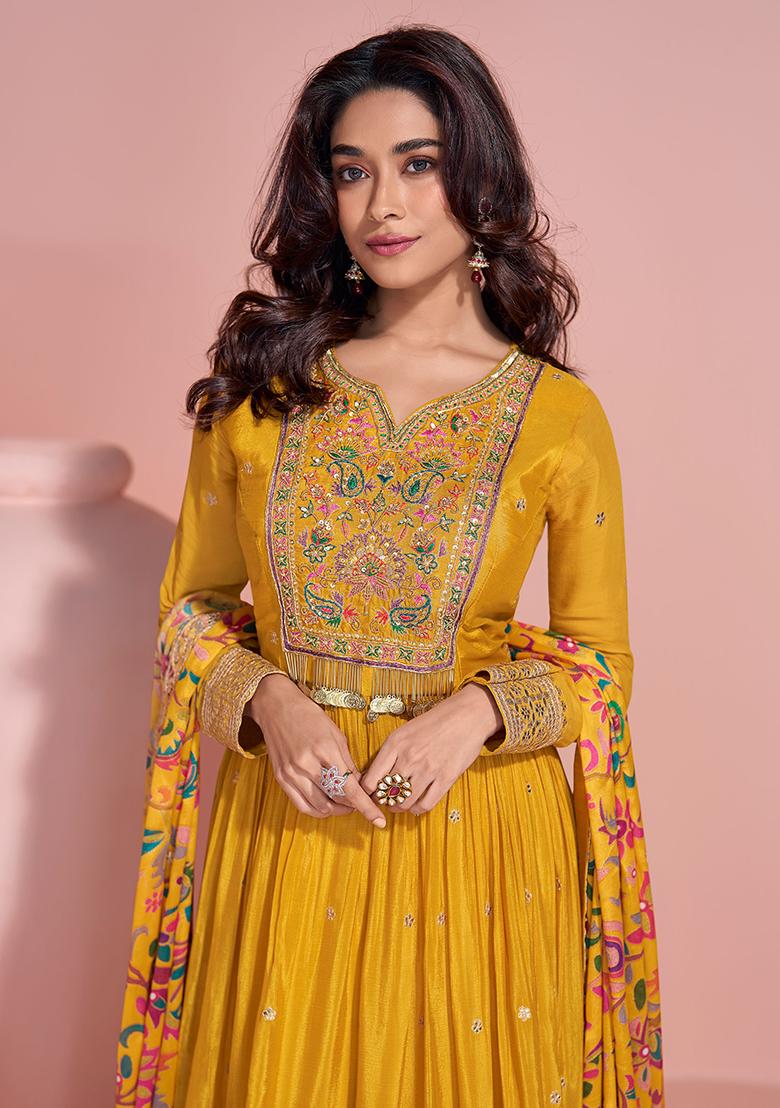 Mustard Yellow Embroidered Chinon Salwar Kameez