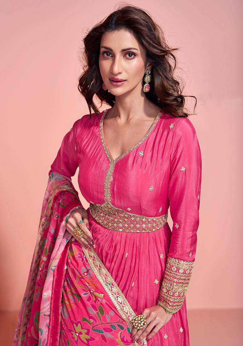 Pink Embroidered Chinon Salwar Kameez
