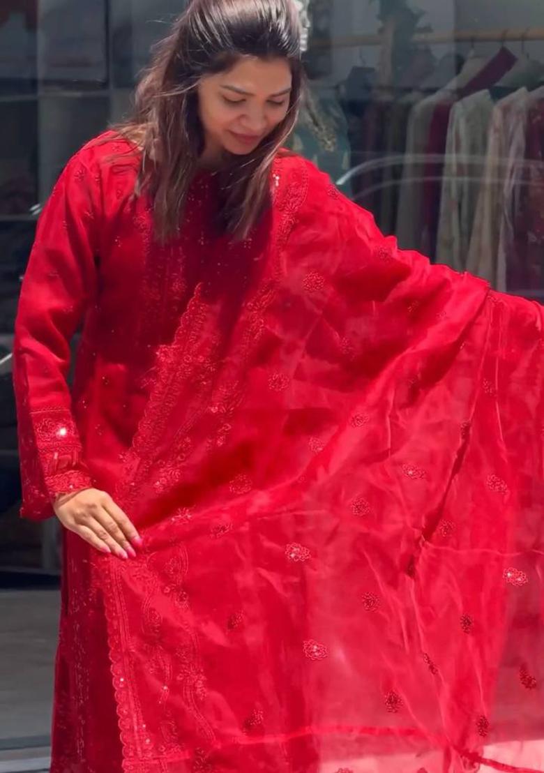 Red Embroidered Georgette Salwar Kameez