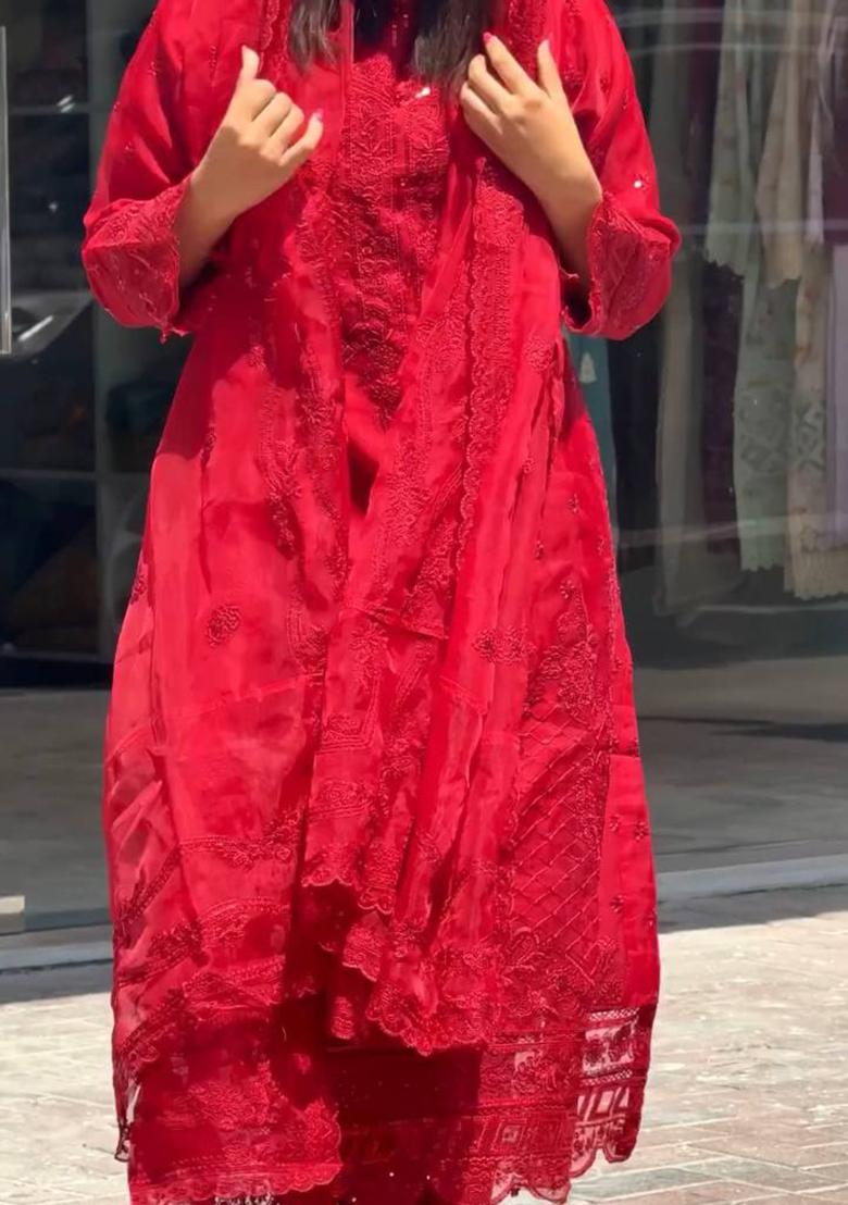 Red Embroidered Georgette Salwar Kameez