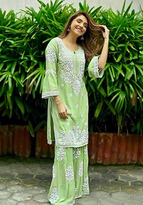 Pista Green Embroidered Rayon Sharara Set