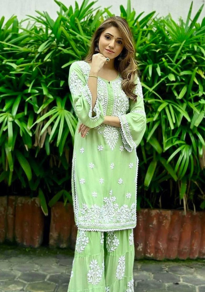 Pista Green Embroidered Rayon Sharara Set