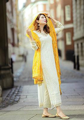 Off White Embroidered Georgette Salwar Kameez