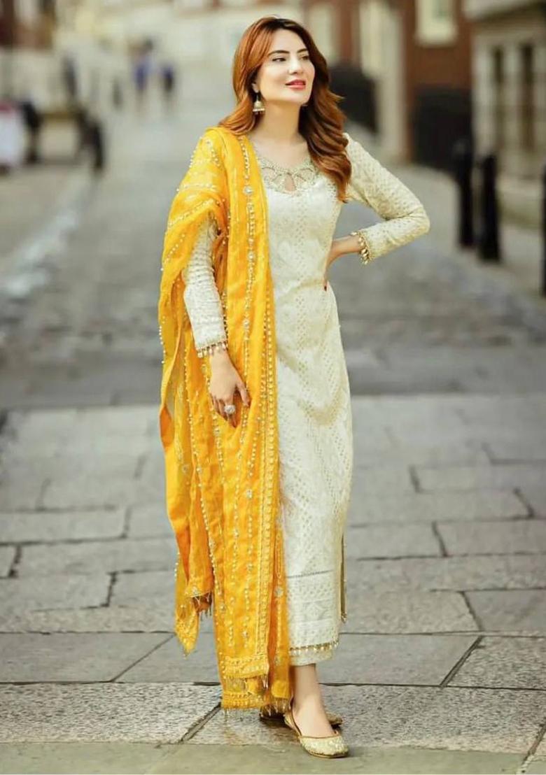 Off White Embroidered Georgette Salwar Kameez