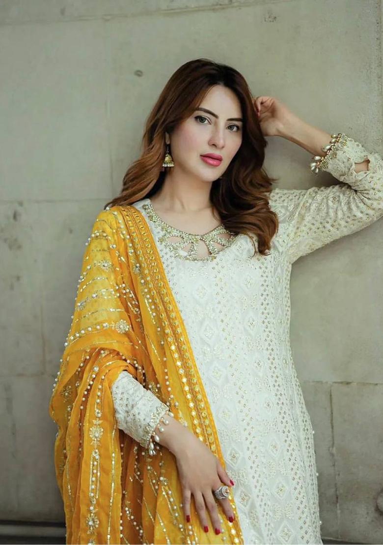 Off White Embroidered Georgette Salwar Kameez