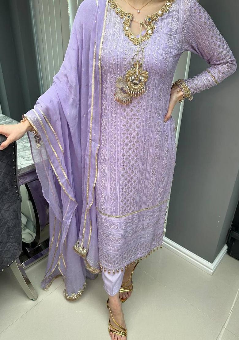 Lavender Embroidered Georgette Palazzo Set