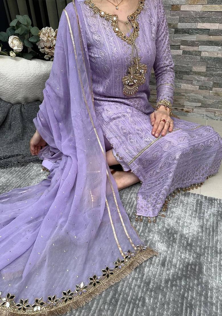 Lavender Embroidered Georgette Palazzo Set