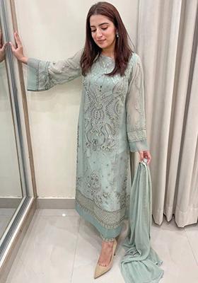 Light Pista Green Embroidered Georgette Salwar Kameez