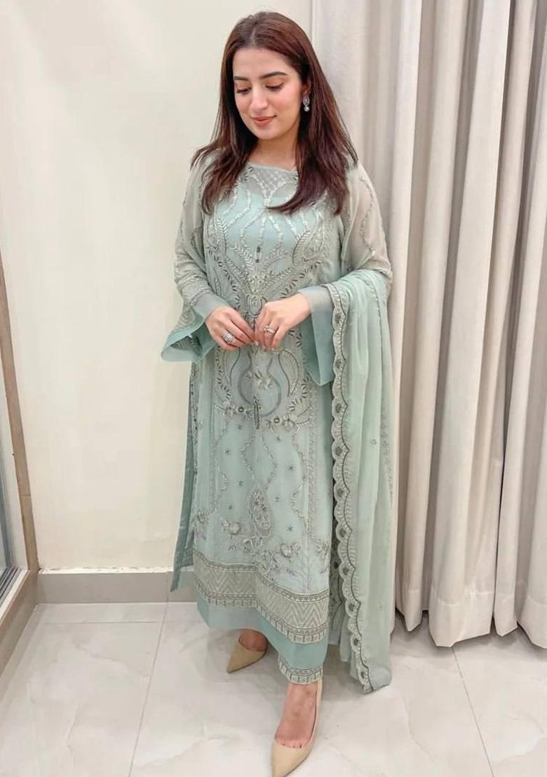 Light Pista Green Embroidered Georgette Salwar Kameez