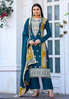 Teal Blue Embroidered Chinon Palazzo Set