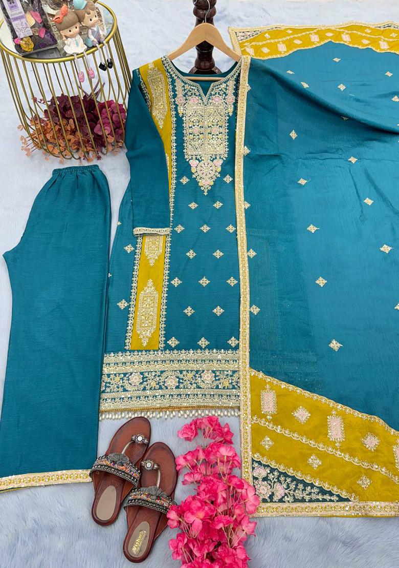 Teal Blue Embroidered Chinon Palazzo Set