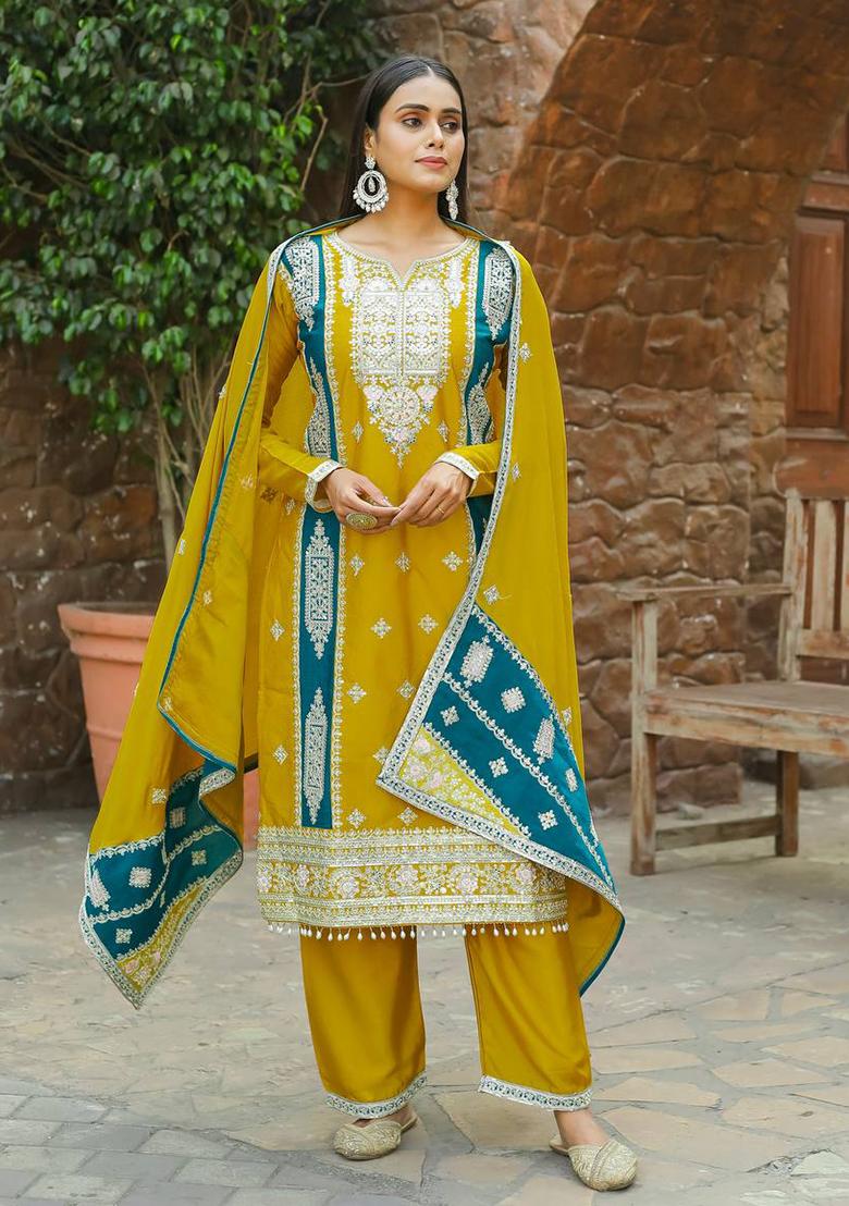 Yellow Embroidered Chinon Palazzo Set