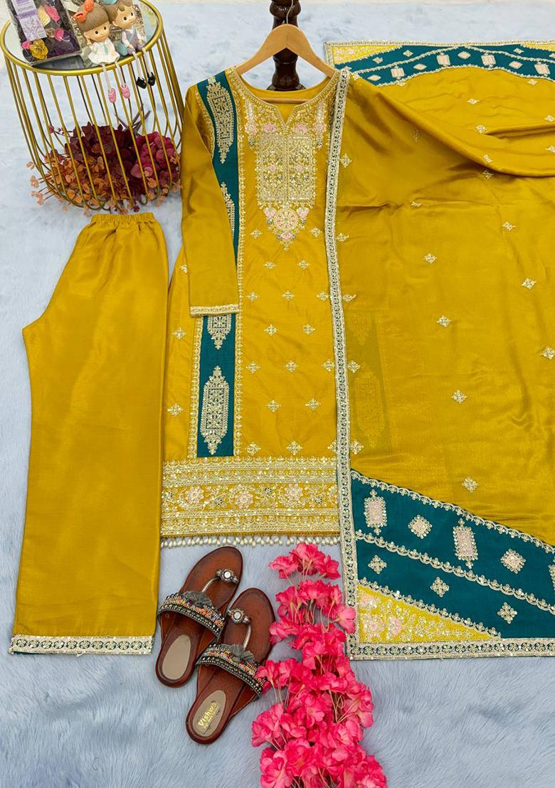 Yellow Embroidered Chinon Palazzo Set
