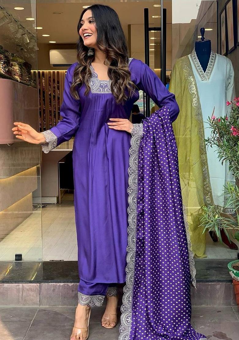 Violet Embroidered Silk Salwar Kameez