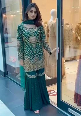 Teal Green Embroidered Georgette Sharara Set