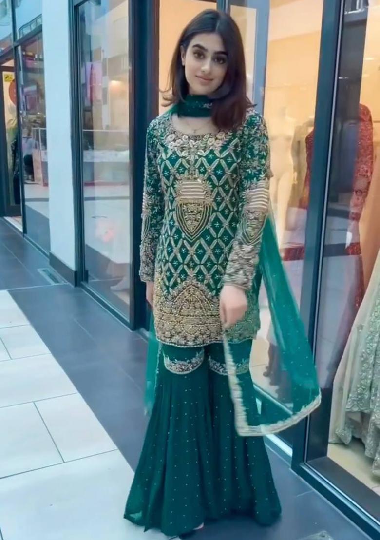 Teal Green Embroidered Georgette Sharara Set